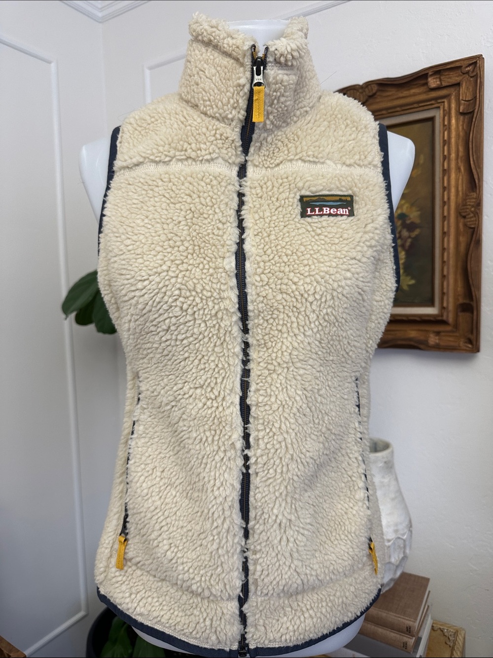 L.L. Bean Cream Sherpa Zip-Up Vest with Navy Trim